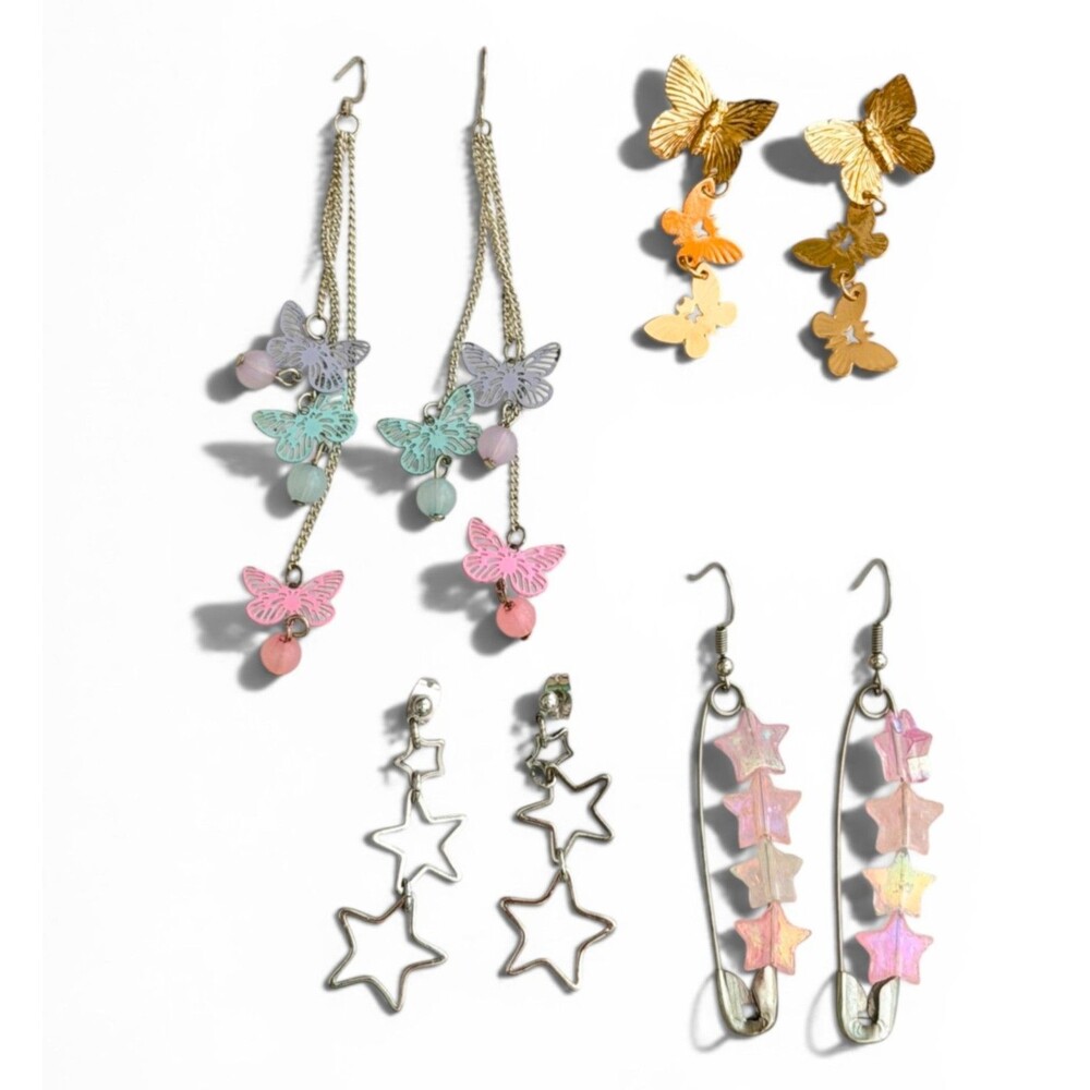 Lot of 4 Pairs Butterfly Star Dangle Earrings Safety Pin Pastel Y2K Kawaii